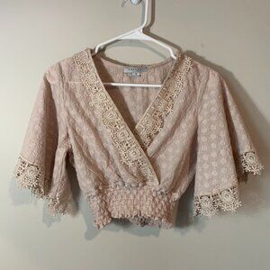 FAVLUX Lace Trim Wrap Crop Top | Cinched Waist | Open Sleeve